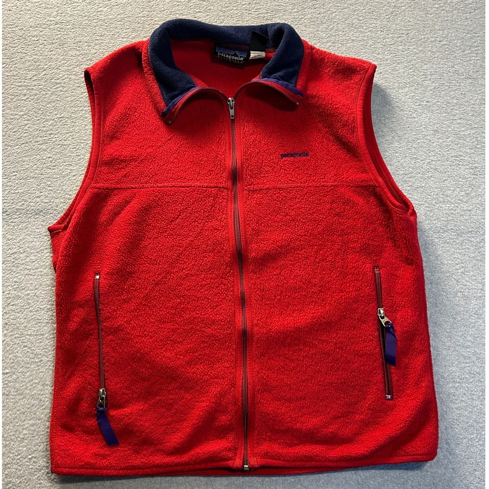 Patagonia Synchilla Fleece Vest Mens Medium Red Navy Made USA Full Zip Vintage